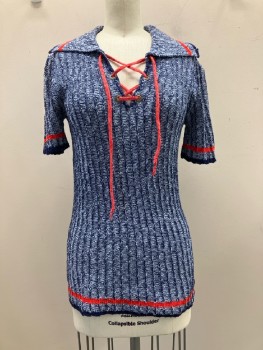 HELEN SUE, Navy/ Lt Blue, 2 Color Weave, C.A., S/S, V Neck With Lace