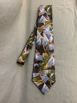 Mens, Tie, JIMMY V, French Blue, Green, Brown, Black, Silk, Color Blocking, Abstract 