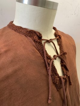 Mens, Historical Fiction Tunic, TIRELLI MTO, Brown, Linen, Cotton, Solid, L, L/S with Thicker Quilted Forearms, Round Neck with V Notch and Several Self Ties, Leather Trim at Hem, Self Ties at Sides, Very Worn/Aged, Peasant, Made To Order