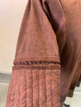 TIRELLI MTO, Brown, Linen, Cotton, Solid, L/S with Thicker Quilted Forearms, Round Neck with V Notch and Several Self Ties, Leather Trim at Hem, Self Ties at Sides, Very Worn/Aged, Peasant, Made To Order