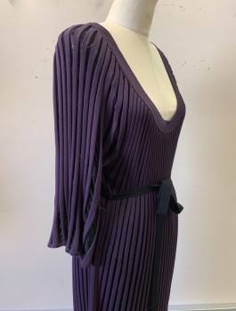 Womens, Dress, Long & 3/4 Sleeve, TEMPERLEY, Aubergine Purple, Black, Synthetic, Stripes - Vertical , S, Knit with Sheer Black Stripes, 3/4 Sleeves, Scoop Neck, Hem Above Knee, **With Matching Self Belt