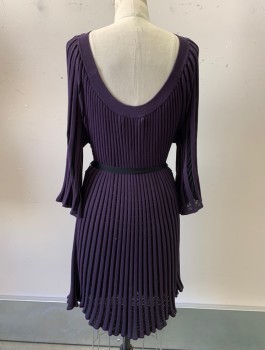 Womens, Dress, Long & 3/4 Sleeve, TEMPERLEY, Aubergine Purple, Black, Synthetic, Stripes - Vertical , S, Knit with Sheer Black Stripes, 3/4 Sleeves, Scoop Neck, Hem Above Knee, **With Matching Self Belt