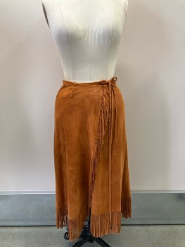 Womens, 1970s Vintage, Piece 2, CHAR & SHAR, Orange, Leather, Solid, W: 27, Wrap Around, Below Knee Length, Fringe Trim