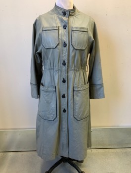 Womens, Coat, N/L, Gray, Leather, Solid, B:38, Black Piping And Top Stitching, Button Front, Stand Collar, Gathered Waist, 4 Patch Pockets, Maroon Lining, Belt Loops But No Belt