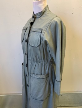 Womens, Coat, N/L, Gray, Leather, Solid, B:38, Black Piping And Top Stitching, Button Front, Stand Collar, Gathered Waist, 4 Patch Pockets, Maroon Lining, Belt Loops But No Belt