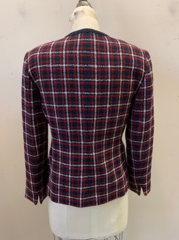 Womens, Blazer, KASPER, Red, Navy Blue, White, Polyester, Acrylic, Plaid, 2, Round Neck, 4 Buttons, Navy Trim at Neck and Down Front,