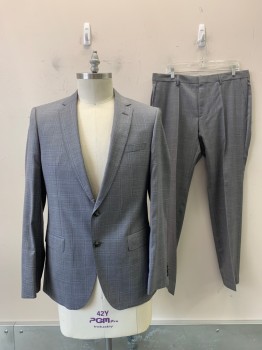 Mens, Suit, Jacket, HUGO BOSS, Gray, Navy Blue, Wool, Grid , 42R, 2 Buttons, Single Breasted, Notched Lapel, 3 Pockets,
