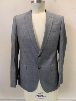 Mens, Suit, Jacket, HUGO BOSS, Gray, Navy Blue, Wool, Grid , 42R, 2 Buttons, Single Breasted, Notched Lapel, 3 Pockets,