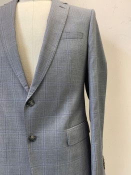 HUGO BOSS, Gray, Navy Blue, Wool, Grid , 2 Buttons, Single Breasted, Notched Lapel, 3 Pockets,