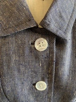 OSCAR DE LA RENTA, Navy Blue, Off White, Linen, Silk, Tweed, C.A., B.F., 2 Flap with Button Pckts, White Shell Buttons