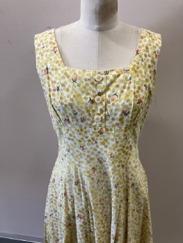 NL, White, Yellow, Burnt Orange, Peach Orange, Cotton, Spots , Floral, Square Neckline, Sleeveless, 1/4 Faux Placket With 3 Buttons, Zip Back, Pleated Skirt, Hem Below Knee *Stain Under 2nd Button