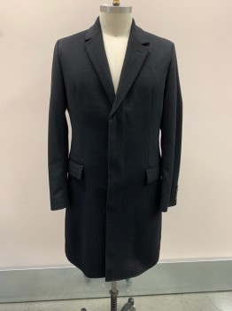 Mens, Coat, Overcoat, HUGO BOSS, Black, Wool, 46R, Notched Lapel, Single Breasted, Concealed Buttons, 2 Pockets