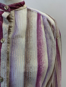 DUMANI, Purple, Gold, Polyester, Stripes, Band Collar, L/S, 3 Buttons, 1/2 Placket, Tinsel Stripes, Sheer