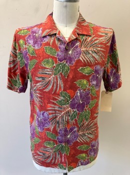 Mens, Hawaiian Shirt, TOMMY BAHAMA, Rust Orange, Purple, White, Black, Green, Silk, Polyester, Tropical , C42, *Has Been Altered, B.F., S/S, C.A., 1 Pckt,