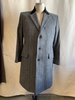 Mens, Coat, Overcoat, RAG & BONE, Black, White, Wool, Cashmere, Herringbone, 40, Single Breasted, 3 Bttns, 1/2 Solid Black Notched Lapel, 3 Pckts, Cuffs Have Been Turned Under And Stitched 2"