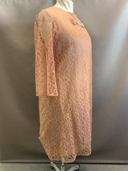 NO LABEL, Salmon Pink, Dk Beige, Polyester, Floral, L/S, Crew Neck, Full Lace, Center Bow, Back Zipper,