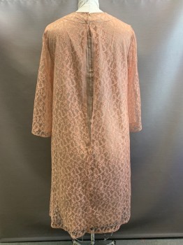 NO LABEL, Salmon Pink, Dk Beige, Polyester, Floral, L/S, Crew Neck, Full Lace, Center Bow, Back Zipper,