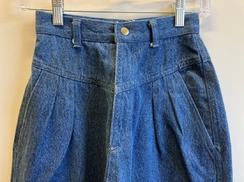N/L, Denim Blue, Cotton, Solid, Pleated Front, Zip Front, Belt Loops, Side Pockets,