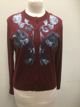 Womens, Cardigan Sweater, J CREW, Red Burgundy, Cornflower Blue, Cotton, Nylon, Solid, Large, Button Front = 8 Burgundy Buttons, Crew Neck, Long Sleeves, Floral Cornflower Blue Sequin Applique on Front