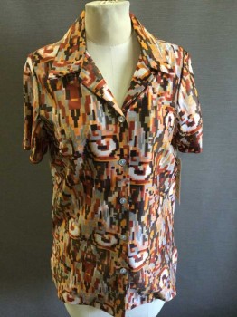 Womens, Blouse, N/L, Orange, Burnt Orange, Dk Brown, Lt Gray, White, Polyester, Geometric, Abstract , 38B, Button Front, Short Sleeve,  Collar Attached,  Knit,