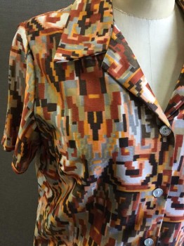 N/L, Orange, Burnt Orange, Dk Brown, Lt Gray, White, Polyester, Geometric, Abstract , Button Front, Short Sleeve,  Collar Attached,  Knit,