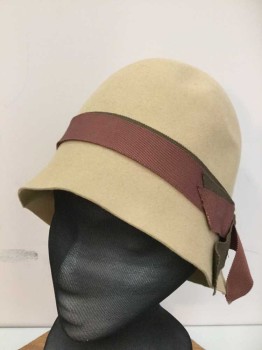 Womens, Hat, Camel Brown, Sienna Brown, Tobacco Brown, Wool, Solid, M, Cloche, Soft Structure with Double 2 Tone Ribbon, Simple Bow