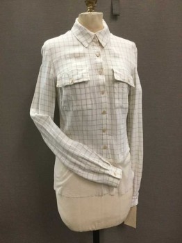 Womens, Blouse, M.T.O., Cream, Khaki Brown, Linen, Cotton, Plaid, B36, Long Sleeves, Collar Attached,  Button Front, 2 Pockets With Button Down Flaps