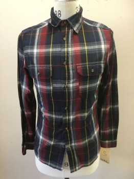 GOOD FELLOW, Midnight Blue, White, Red, Yellow, Cotton, Plaid, Button Front, Long Sleeves, Collar Attached, 2 Flap Pocket,