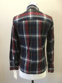GOOD FELLOW, Midnight Blue, White, Red, Yellow, Cotton, Plaid, Button Front, Long Sleeves, Collar Attached, 2 Flap Pocket,