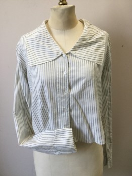 N/L, White, Blue, Cotton, Stripes, Cropped Blouse. Long Sleeves, Wide Collar. Button Front. Twill Tape Broken at Center Back Waist. Collar Dirty at Back Neck,