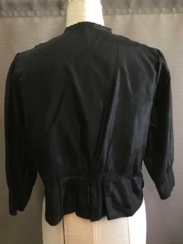 N/L, Black, Silk, Solid, 3/4 Sleeve, Hidden Snap Closures, 2 Sets Of Tiny Black Buttons with White Grid Texture,  Band Collar,  Gathered At Waistband Panel At Center Back Waist **Had Self Ties At Center Back Waist,but They Are Coming Off **Small Holes Throughout,
