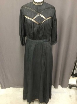 MTO, Black, Cotton, Silk, Solid, Made To Order, 3/4 Sleeves, Lace Band Collar, Insertion Lace Bodice, Lace 3 Leaf Clover, Pin Tucks On Bodice, Hooks and Bars Center Back, Condition Fair Has a Little Mending,