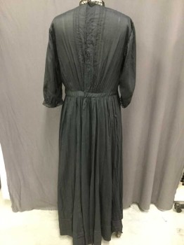 MTO, Black, Cotton, Silk, Solid, Made To Order, 3/4 Sleeves, Lace Band Collar, Insertion Lace Bodice, Lace 3 Leaf Clover, Pin Tucks On Bodice, Hooks and Bars Center Back, Condition Fair Has a Little Mending,