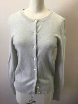 J CREW, Lt Gray, Cashmere, Solid, Knit, Round Neck, Cream Buttons, Ribbed Neck, Cuffs and Waist