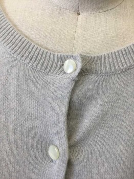 J CREW, Lt Gray, Cashmere, Solid, Knit, Round Neck, Cream Buttons, Ribbed Neck, Cuffs and Waist