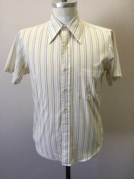N/L, White, Yellow, Black, Poly/Cotton, Stripes, Vertical Stripe, Short Sleeves, Collar Attached, Button Front, 1 Pocket,