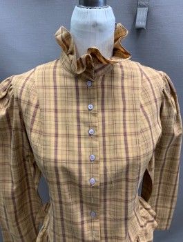 TED SOLLOD, Gold, Maroon Red, Green, Gray, Cotton, Polyester, Plaid, L/S Ruffle Neck and Hem * 2 Buttons Missing at Front