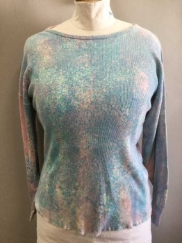 Womens, Top, SRUBEL, Sky Blue, Bubble Gum Pink, White, Mottled, Tie-dye, B40-46, Mottled Dye Sky Blue/Bubblegum Splattered, Over White Base, Ribbed Knit Jersey, Long Sleeves, Bateau Neck,