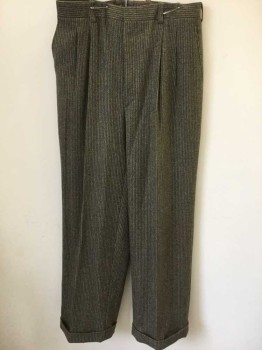 Mens, Pants, N/L, Brown, Tan Brown, Wool, Stripes - Vertical , Herringbone, 35/30, Double Pleated Front, Inside Rubberized Side Waistband, Zip Fly, 2 Front Pckts, Wide Leg, Cuffed Hem, Made To Order Reproduction