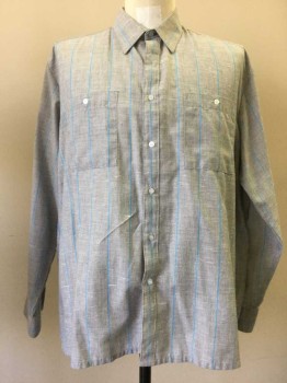 Mens, Casual Shirt, CANADA, Heather Gray, Blue, Cotton, Polyester, Stripes, M, Button Front, Collar Attached, 2 Pockets, Long Sleeves,