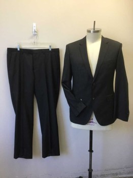 Mens, Suit, Jacket, BOSS, Black, Lt Gray, Viscose, Acetate, Check , 38, 44R, 33, Black with Light Gray Tiny Checks, Self Diagonal Black Lining, Notched Lapel W/hand Stitches Rim, Single Breasted, 2 Button Front, 3 Pockets, Long Sleeves, with Matching Pants