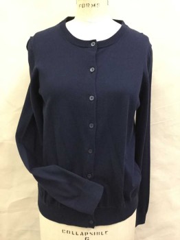 UNIQLO, Navy Blue, Cotton, Solid, Crew Neck, Button Front, Long Sleeves, Rib Knit Trims