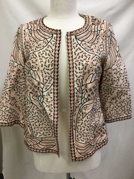 Womens, Blazer, ZARA, Cream, Lt Pink, Black, Cotton, Geometric, M, 3/4 Sleeve, Embroidery All Over, Open Front W/no Closures