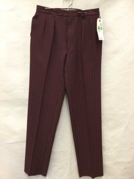 ZACARI, Maroon Red, White, Polyester, Stripes - Pin, Pleated Front, Raw Edge,
