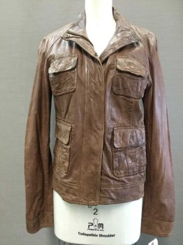 LUCKY BRAND, Sienna Brown, Leather, Cotton, Solid, Zipper and Snap Close, 4 Flap Pocket, Stand Collar, Zipper Cuffs, Cotton Lining
