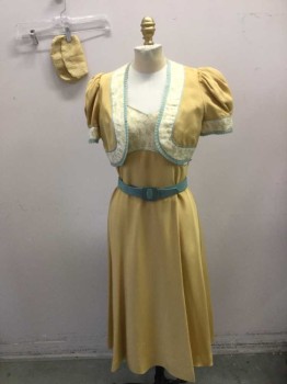 Womens, 1930s Vintage, Dress, MTO, Lt Yellow, Mustard Yellow, Sage Green, Cream, Beige, Silk, Floral, Solid, W:27, B:34, Light Yellow with Beige/Sage/Yellow Floral Pattern Top/Bodice, Puffy/Gathered Short Sleeves, Sweetheart Bust, Empire Waist, Sage Green Trim, Solid Mustard Skirt/Bottom Portion, Hem Mid-calf, Invisible Zipper at Center Back, Made To Order Reproduction * Double, See FC015401