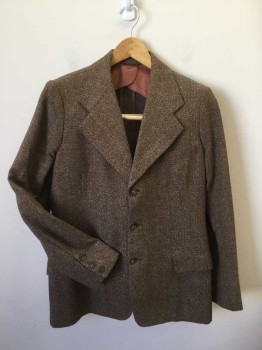 Mens, 1930s Vintage, Suit, Jacket, M, Brown, Black, Orange, Red, Cream, Wool, Viscose, Tweed, 34R, Wide Notched Lapel. 3 Button Single Breasted.. 2 Pockets with Flaps & 1 Welt Pocket. Small Hole at Left Front Shoulder.. Brown Half Lining