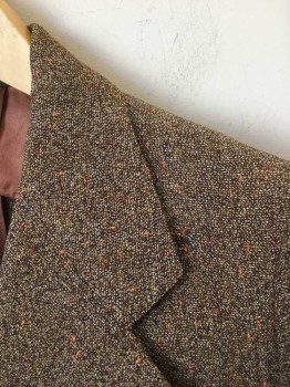 Mens, 1930s Vintage, Suit, Jacket, M, Brown, Black, Orange, Red, Cream, Wool, Viscose, Tweed, 34R, Wide Notched Lapel. 3 Button Single Breasted.. 2 Pockets with Flaps & 1 Welt Pocket. Small Hole at Left Front Shoulder.. Brown Half Lining