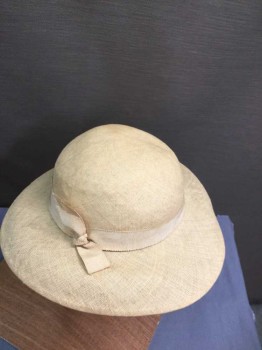 Womens, Hat, MTO, Tan Brown, Straw, Silk, Straw Hat with Slightly Turned Down Brim, Brim Larger in Front, Tan Silk Grosgrain Ribbon Band with Small Bow