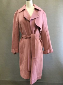 THEORY, Pink, Wool, Cashmere, Solid, Open Front, Collar Attached, Epaulets, Flap Panel Left Shoulder, Attached Tab Cuffs, Self Belt